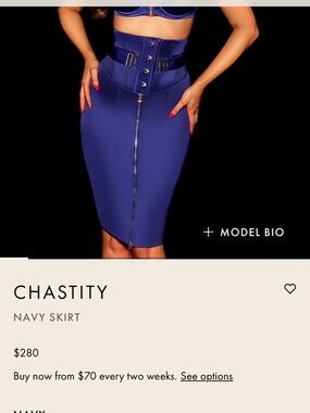NWT Honey Birdette CHASTITY navy Satin skirt with corset waist/gold hardware